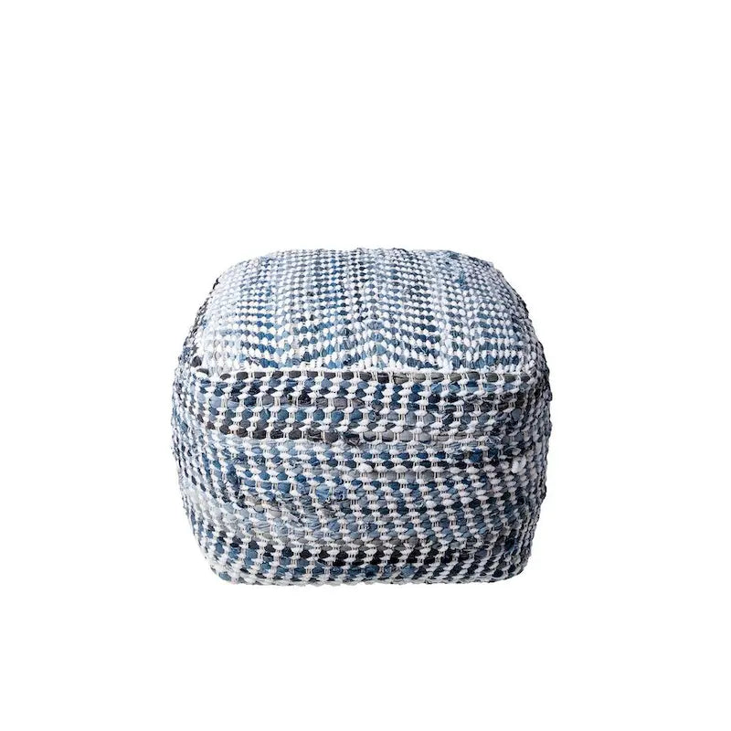 Pouf ottoman artisanal en denim texturé - Accent bohème douillet pour la maison