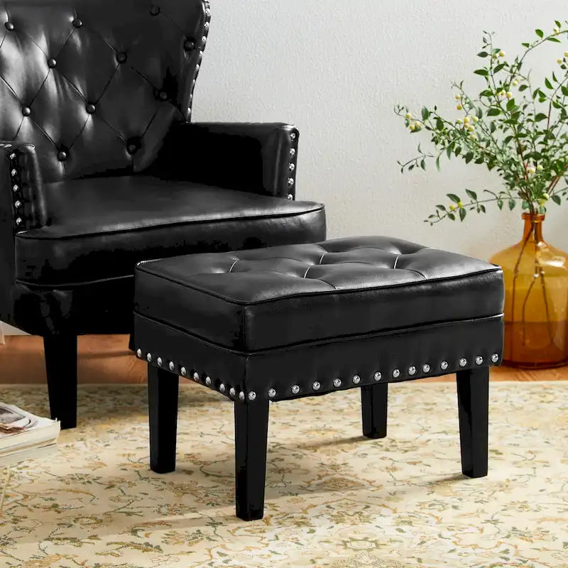 Repose-pieds ottoman capitonné en cuir synthétique de style Mid-Century avec garniture cloutée de 22 pouces