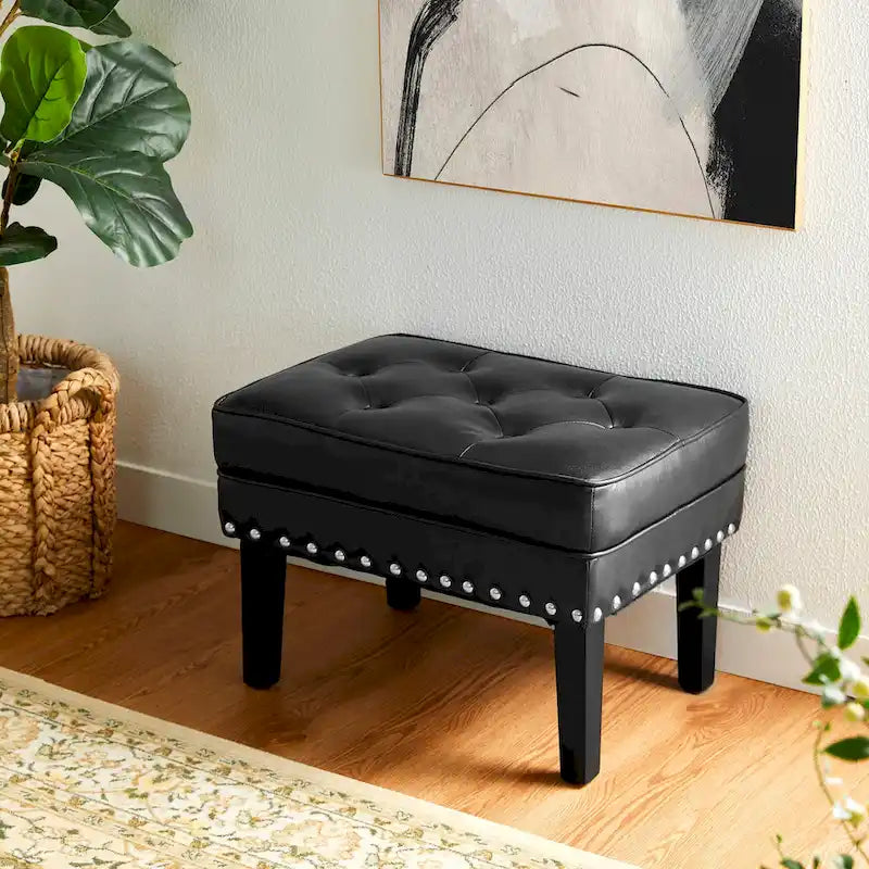 Repose-pieds ottoman capitonné en cuir synthétique de style Mid-Century avec garniture cloutée de 22 pouces