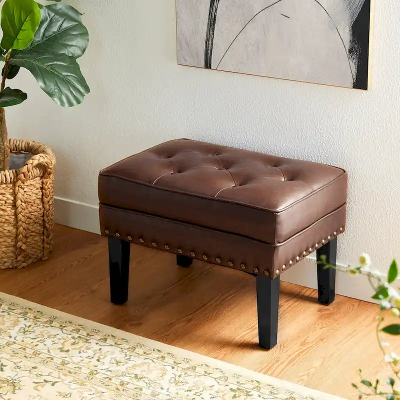 Repose-pieds ottoman capitonné en cuir synthétique de style Mid-Century avec garniture cloutée de 22 pouces