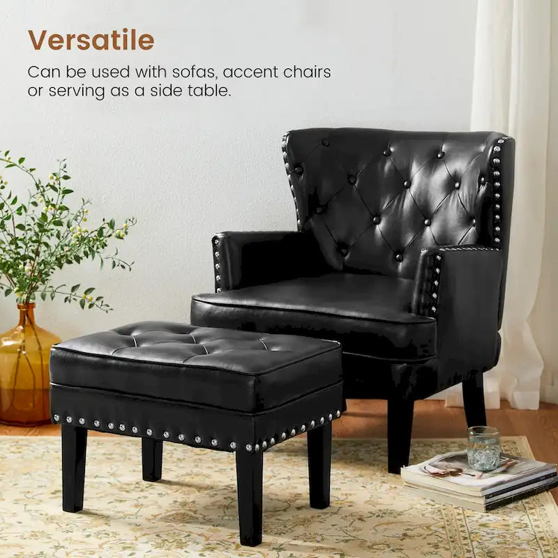 Repose-pieds ottoman capitonné en cuir synthétique de style Mid-Century avec garniture cloutée de 22 pouces