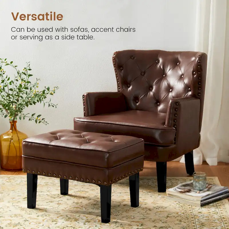 Repose-pieds ottoman capitonné en cuir synthétique de style Mid-Century avec garniture cloutée de 22 pouces