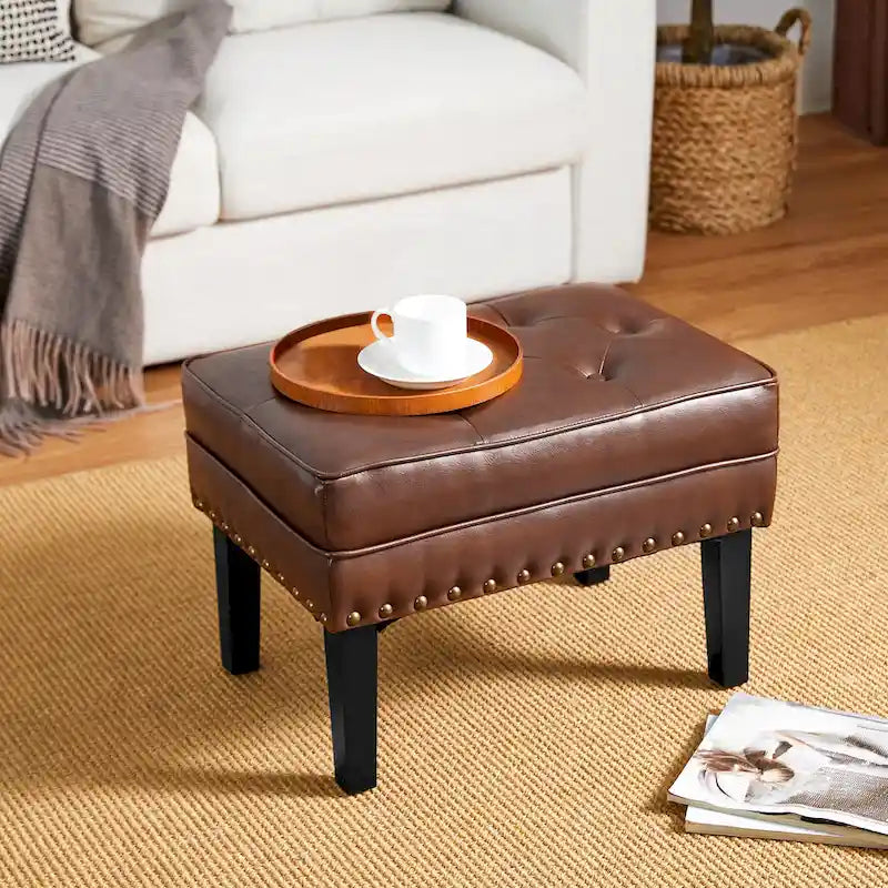 Repose-pieds ottoman capitonné en cuir synthétique de style Mid-Century avec garniture cloutée de 22 pouces