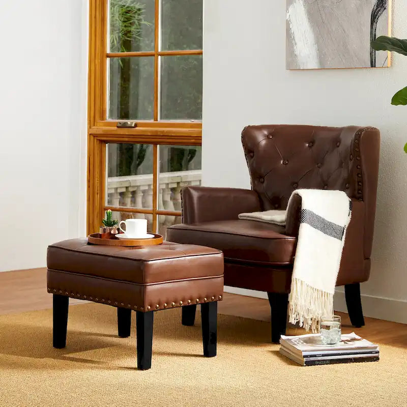 Repose-pieds ottoman capitonné en cuir synthétique de style Mid-Century avec garniture cloutée de 22 pouces