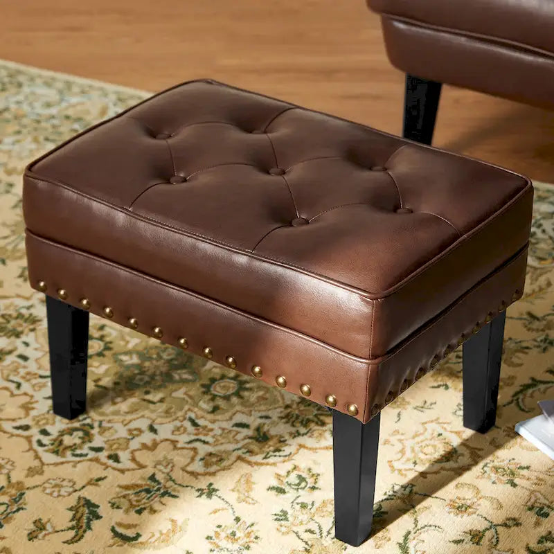 Repose-pieds ottoman capitonné en cuir synthétique de style Mid-Century avec garniture cloutée de 22 pouces