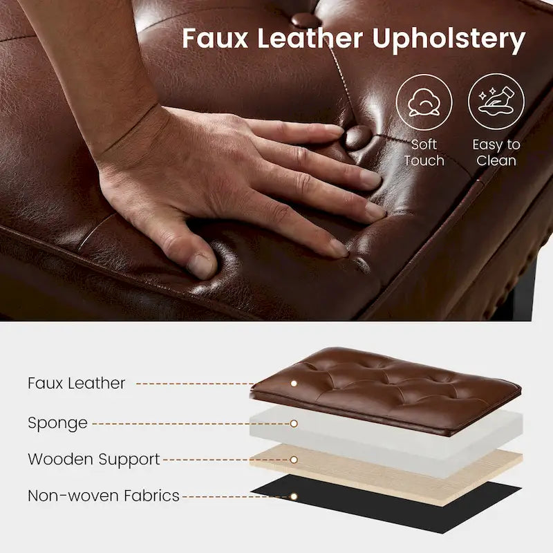 Repose-pieds ottoman capitonné en cuir synthétique de style Mid-Century avec garniture cloutée de 22 pouces