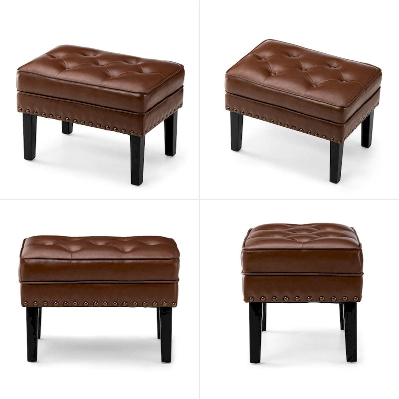 Repose-pieds ottoman capitonné en cuir synthétique de style Mid-Century avec garniture cloutée de 22 pouces