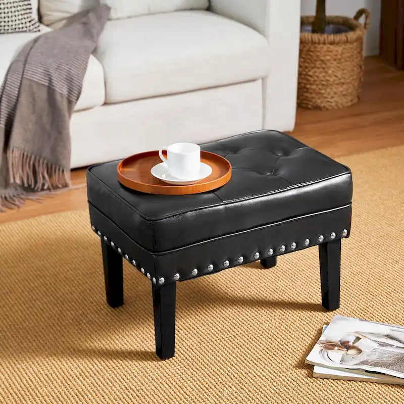 Repose-pieds ottoman capitonné en cuir synthétique de style Mid-Century avec garniture cloutée de 22 pouces
